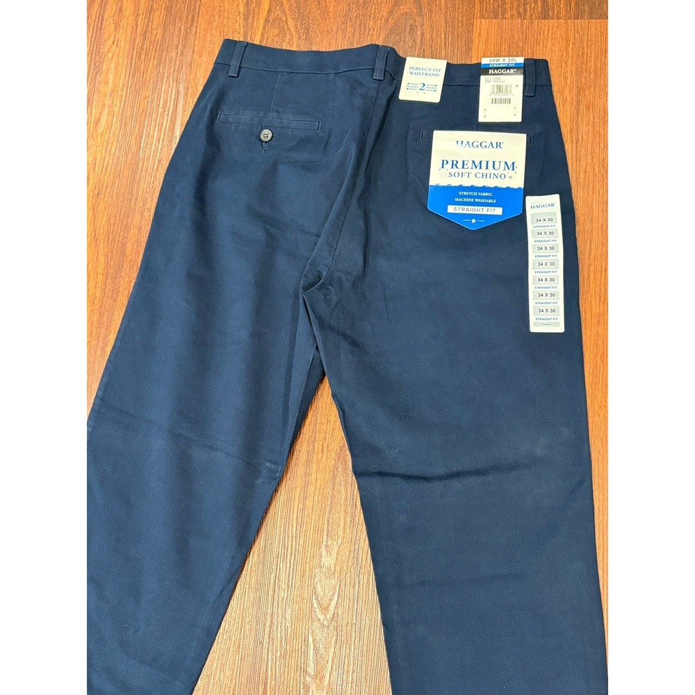 NEW Haggar Straight Fit Mens Pants 34W x 30L Waistband Navy Premium Soft Stretch - Picture 10 of 14